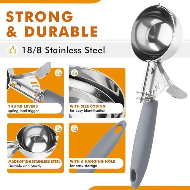 Alt view image 4 of 7 - JUNADAEL J 4 OZ Scoop, Large Ice Cream Scoop With Trigger, Disher, Size #8 (1/2 Cup) Cookie Scoop, Muffin Scoop, Cupcake Scoop, Gray Handle, For Cookie, Cupcake, Muffin, Ice Cream, Rice