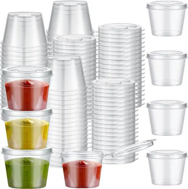Main image of Lounsweer 60 Pack Plastic Condiment Souffle Containers with Attached Lids 1 oz, Mini Sauce Cups Jelly Leak Proof Portion Small Disposable Souffle Cups with Lids for Salad Dressing Sauces