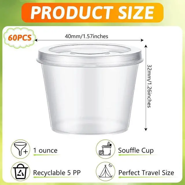 Alt view image 2 of 7 - Lounsweer 60 Pack Plastic Condiment Souffle Containers with Attached Lids 1 oz, Mini Sauce Cups Jelly Leak Proof Portion Small Disposable Souffle Cups with Lids for Salad Dressing Sauces