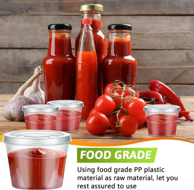 Alt view image 4 of 7 - Lounsweer 60 Pack Plastic Condiment Souffle Containers with Attached Lids 1 oz, Mini Sauce Cups Jelly Leak Proof Portion Small Disposable Souffle Cups with Lids for Salad Dressing Sauces
