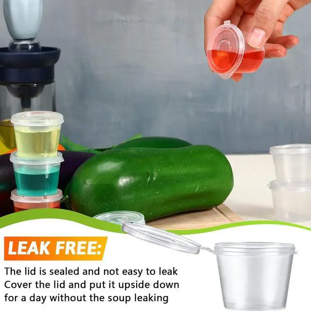 Alt view image 5 of 7 - Lounsweer 60 Pack Plastic Condiment Souffle Containers with Attached Lids 1 oz, Mini Sauce Cups Jelly Leak Proof Portion Small Disposable Souffle Cups with Lids for Salad Dressing Sauces