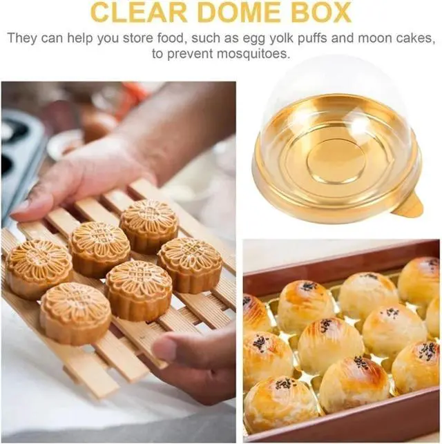 Alt view image 3 of 7 - 50Pcs Clear Plastic Mini Cake Box with Dome Lids, Mini Muffin Container Box Mooncake Dome Box Pastry Baking Packaging Boxes Wedding Birthday Gifts Supplies (Gold Base)