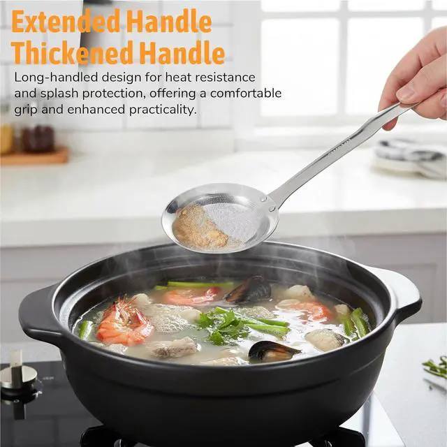 Alt view image 3 of 7 - Fine Mesh Stainless Steel Colander Flat Hot Pot Fat Skimmer Fine Mesh Strainer Slotted Spoons with Handle Sieve Fines Meshes Colander Spoon Strainer for Kitchen Baking Oil Filter Kitchen Gadgets