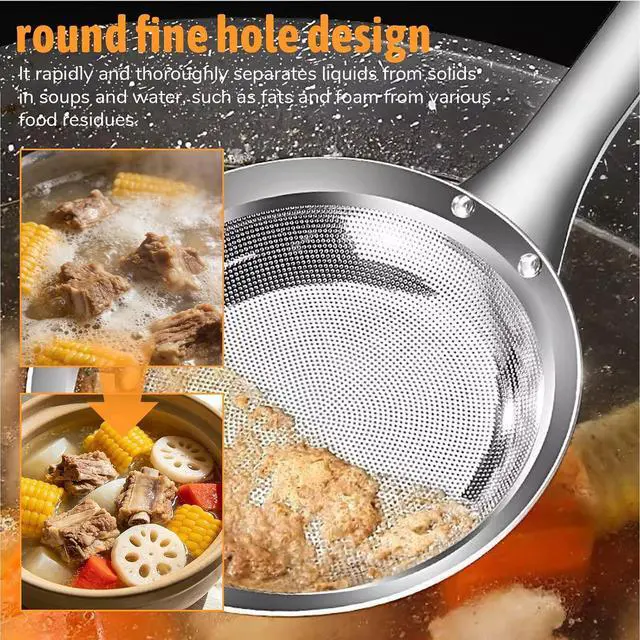 Alt view image 5 of 7 - Fine Mesh Stainless Steel Colander Flat Hot Pot Fat Skimmer Fine Mesh Strainer Slotted Spoons with Handle Sieve Fines Meshes Colander Spoon Strainer for Kitchen Baking Oil Filter Kitchen Gadgets