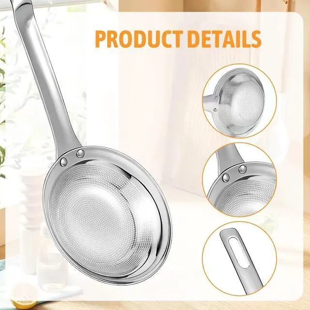 Alt view image 6 of 7 - Fine Mesh Stainless Steel Colander Flat Hot Pot Fat Skimmer Fine Mesh Strainer Slotted Spoons with Handle Sieve Fines Meshes Colander Spoon Strainer for Kitchen Baking Oil Filter Kitchen Gadgets