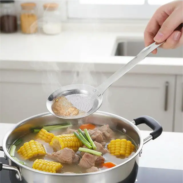 Alt view image 7 of 7 - Fine Mesh Stainless Steel Colander Flat Hot Pot Fat Skimmer Fine Mesh Strainer Slotted Spoons with Handle Sieve Fines Meshes Colander Spoon Strainer for Kitchen Baking Oil Filter Kitchen Gadgets