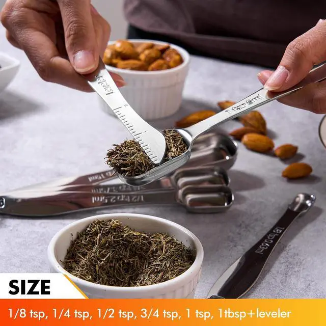 Alt view image 3 of 7 - Rainspire Heavy Duty Measuring Spoons Set Stainless Steel, Metal Measuring Cups and Spoons Set for Dry or Liquid, Fits in Spice Jar, Home Gadgets Kitchen Gadgets, Set of 7 Including Leveler