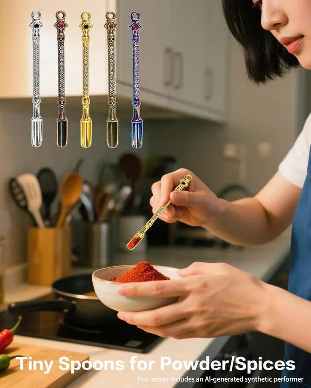 Alt view image 6 of 7 - 5 PC Mini Metal Shovel Spoons,Tiny Spoon for Spice with PU Pouc (Skeleton)