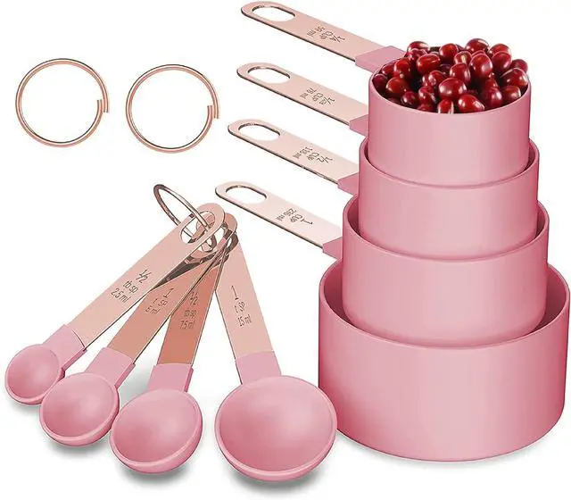 Main image of Rose Gold Stainless Steel Handle Measuring Cups and Spoons Set, 8 Piece Stackable Accurate Tablespoon for Measuring Dry and Liquid Ingredients Small Teaspoon with Plastic Head (Pink)