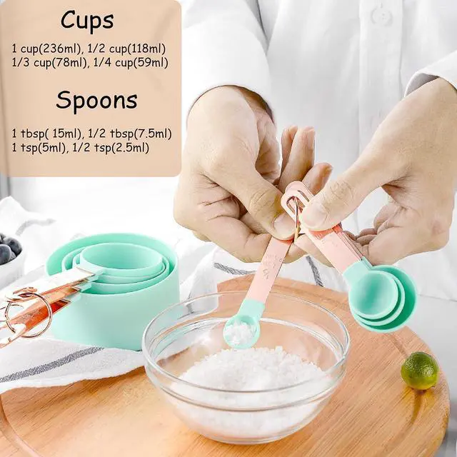 Alt view image 2 of 7 - Rose Gold Stainless Steel Handle Measuring Cups and Spoons Set, 8 Piece Stackable Accurate Tablespoon for Measuring Dry and Liquid Ingredients Small Teaspoon with Plastic Head (Pink)