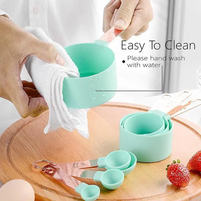 Alt view image 5 of 7 - Rose Gold Stainless Steel Handle Measuring Cups and Spoons Set, 8 Piece Stackable Accurate Tablespoon for Measuring Dry and Liquid Ingredients Small Teaspoon with Plastic Head (Pink)