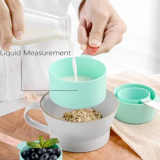 Alt view image 6 of 7 - Rose Gold Stainless Steel Handle Measuring Cups and Spoons Set, 8 Piece Stackable Accurate Tablespoon for Measuring Dry and Liquid Ingredients Small Teaspoon with Plastic Head (Pink)