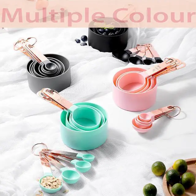 Alt view image 7 of 7 - Rose Gold Stainless Steel Handle Measuring Cups and Spoons Set, 8 Piece Stackable Accurate Tablespoon for Measuring Dry and Liquid Ingredients Small Teaspoon with Plastic Head (Pink)