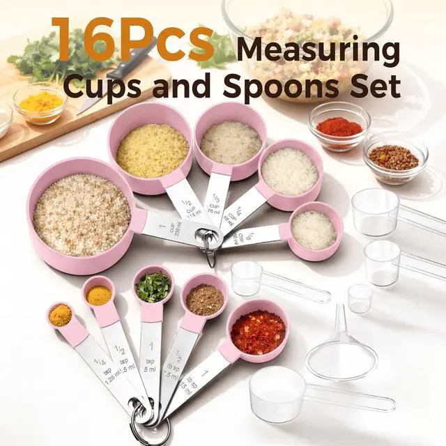 Alt view image 2 of 7 - 16PCS Measuring Cups and Spoons Set, Measuring Spoon Set with Metric and US Measurements, Fits for Measuring Dry and Liquid (Pink)
