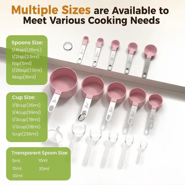 Alt view image 5 of 7 - 16PCS Measuring Cups and Spoons Set, Measuring Spoon Set with Metric and US Measurements, Fits for Measuring Dry and Liquid (Pink)