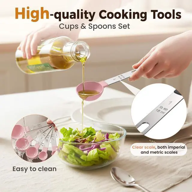 Alt view image 6 of 7 - 16PCS Measuring Cups and Spoons Set, Measuring Spoon Set with Metric and US Measurements, Fits for Measuring Dry and Liquid (Pink)