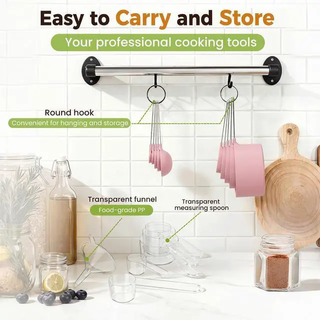 Alt view image 7 of 7 - 16PCS Measuring Cups and Spoons Set, Measuring Spoon Set with Metric and US Measurements, Fits for Measuring Dry and Liquid (Pink)