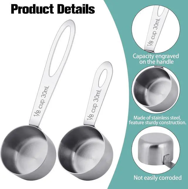 Alt view image 3 of 7 - 4Pcs 1/8 Cup Measuring Cup, 30ml Scoop, Stainless Steel Measuring Cups, Coffee Scoops, Measuring Scoops Tablespoon Measure Spoon, Short Handle & Long Handle Cooking Measuring Scoop(30ML)