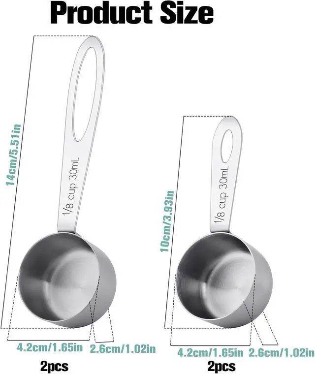 Alt view image 2 of 7 - 4Pcs 1/8 Cup Measuring Cup, 30ml Scoop, Stainless Steel Measuring Cups, Coffee Scoops, Measuring Scoops Tablespoon Measure Spoon, Short Handle & Long Handle Cooking Measuring Scoop(30ML)