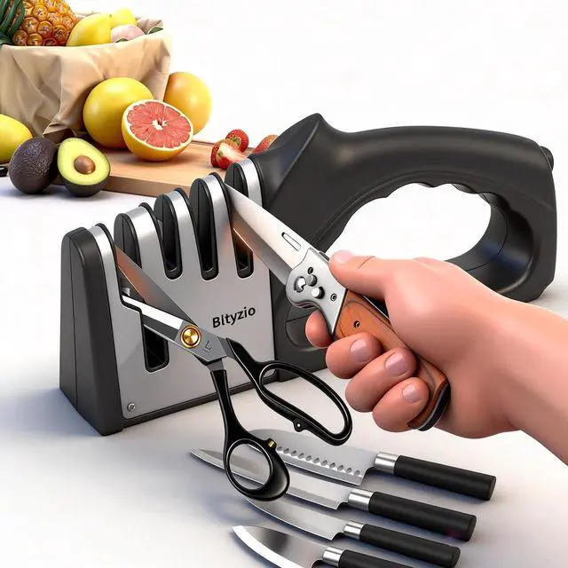 Main image of 4-in-1 Knife Sharpener for Kitchen Knives & Scissors, Manual Pull Through Sharpener with Tungsten Steel & Ceramic Slots, Professional Kitchen Knife Sharpening Tool with Non-Slip Base