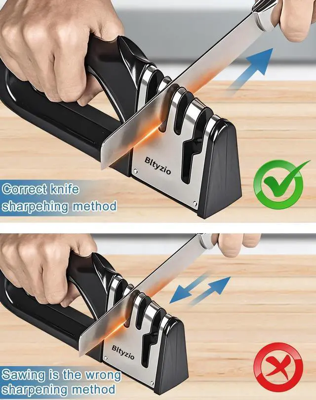 Alt view image 3 of 7 - 4-in-1 Knife Sharpener for Kitchen Knives & Scissors, Manual Pull Through Sharpener with Tungsten Steel & Ceramic Slots, Professional Kitchen Knife Sharpening Tool with Non-Slip Base