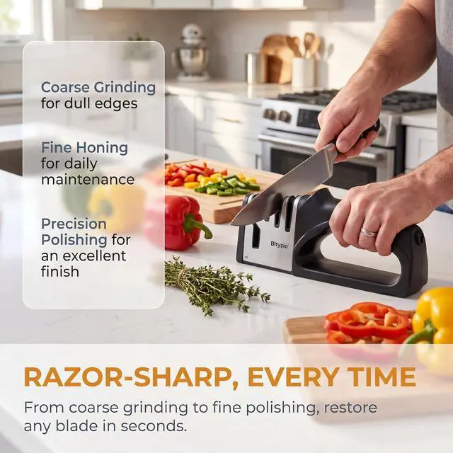 Alt view image 4 of 7 - 4-in-1 Knife Sharpener for Kitchen Knives & Scissors, Manual Pull Through Sharpener with Tungsten Steel & Ceramic Slots, Professional Kitchen Knife Sharpening Tool with Non-Slip Base