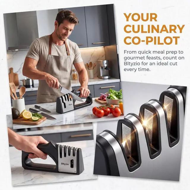 Alt view image 5 of 7 - 4-in-1 Knife Sharpener for Kitchen Knives & Scissors, Manual Pull Through Sharpener with Tungsten Steel & Ceramic Slots, Professional Kitchen Knife Sharpening Tool with Non-Slip Base
