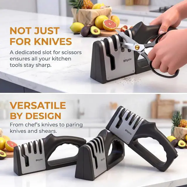 Alt view image 7 of 7 - 4-in-1 Knife Sharpener for Kitchen Knives & Scissors, Manual Pull Through Sharpener with Tungsten Steel & Ceramic Slots, Professional Kitchen Knife Sharpening Tool with Non-Slip Base
