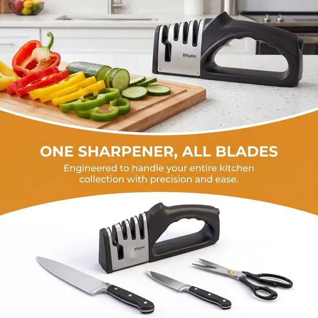 Alt view image 6 of 7 - 4-in-1 Knife Sharpener for Kitchen Knives & Scissors, Manual Pull Through Sharpener with Tungsten Steel & Ceramic Slots, Professional Kitchen Knife Sharpening Tool with Non-Slip Base