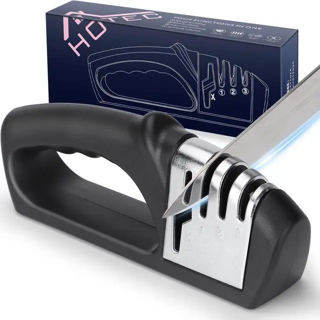 Main image of HOTEC 4in1 Knife Sharpener, 3 Stage Manual Sharpener for Sharpening Kitchen Knives 1 Stage for Scissors- Ceramic Stone, Tungsten Carbide Plates, Diamond rods