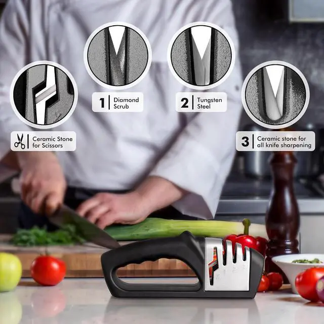 Alt view image 3 of 6 - HOTEC 4in1 Knife Sharpener, 3 Stage Manual Sharpener for Sharpening Kitchen Knives 1 Stage for Scissors- Ceramic Stone, Tungsten Carbide Plates, Diamond rods