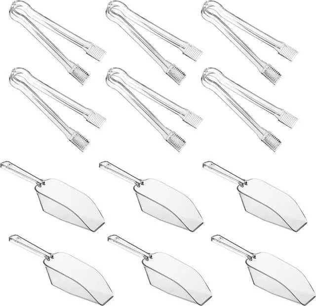 Main image of 12 Combo Pack, 6 Pieces Plastic Serving Tongs Mini Kitchen Tongs Kitchen Tongs Utility and 6 Pieces Plastic Kitchen Scoops Clear Ice Scoop Mini Clear Buffet Scoop for Candy Dessert Buffet Ice