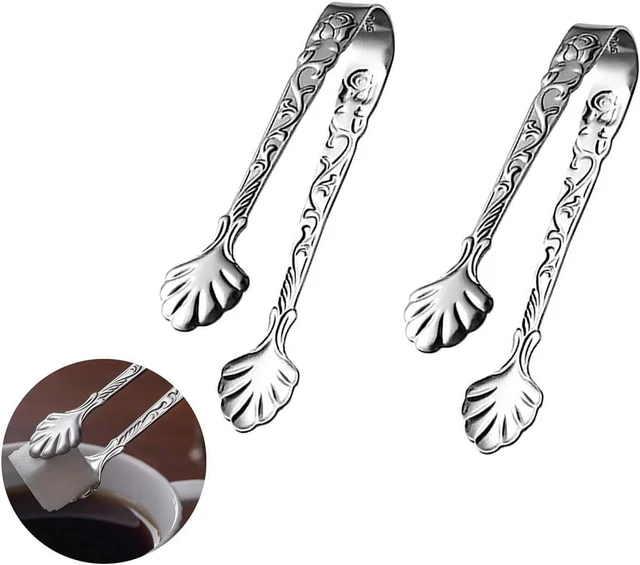 Main image of 2pcs Stainless Steel Rose Design U-shaped Tongs, Mini Sugar Cube Ice Tongs for Tea Party Coffee Bar (Silver)