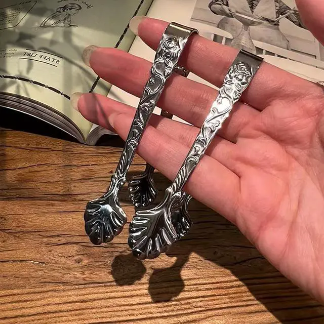Alt view image 4 of 7 - 2pcs Stainless Steel Rose Design U-shaped Tongs, Mini Sugar Cube Ice Tongs for Tea Party Coffee Bar (Silver)