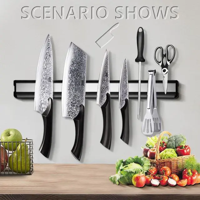 Alt view image 3 of 7 - MEKBOK 16 Inch Magnetic Knife Holder for Wall No Drill,Adhesive Knife Magnetic Kitchen Double Rods Stainless Steel Magnetic Utensil Holder(Silver)