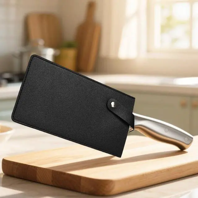 Alt view image 6 of 7 - Black PU Leather Wide Meat Knife Cleaver Protector Waterproof Butcher Knife Sheath Universal Durable Chef Scissors Edge Guard Cover Sleeve Case Holder with Snap for Kitchen Outdoor BBQ