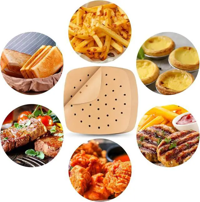 Alt view image 2 of 7 - Air Fryer Liners, 200Pcs Square, 8.5 Inch Perforated Parchment Paper Sheets for Baking, HOFHTD Parchment Paper for Air Fryer and Bamboo Steaming Basket (Unbleached)