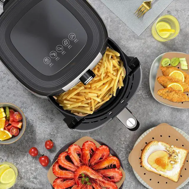 Alt view image 4 of 7 - Air Fryer Liners, 200Pcs Square, 8.5 Inch Perforated Parchment Paper Sheets for Baking, HOFHTD Parchment Paper for Air Fryer and Bamboo Steaming Basket (Unbleached)