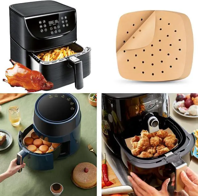 Alt view image 6 of 7 - Air Fryer Liners, 200Pcs Square, 8.5 Inch Perforated Parchment Paper Sheets for Baking, HOFHTD Parchment Paper for Air Fryer and Bamboo Steaming Basket (Unbleached)