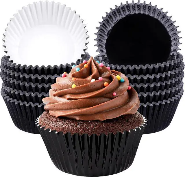 Main image of URATOT 100 Pieces Foil Metallic Cupcake Liners Muffin Wrappers Foil Baking Cups Muffin Paper Cases, Black