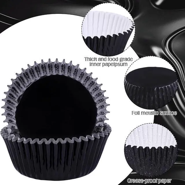 Alt view image 3 of 7 - URATOT 100 Pieces Foil Metallic Cupcake Liners Muffin Wrappers Foil Baking Cups Muffin Paper Cases, Black