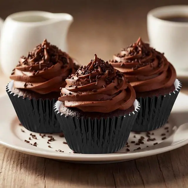 Alt view image 5 of 7 - URATOT 100 Pieces Foil Metallic Cupcake Liners Muffin Wrappers Foil Baking Cups Muffin Paper Cases, Black