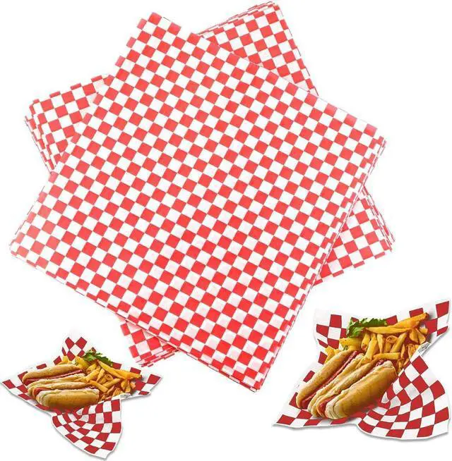 Main image of 100 Sheets Checkered Dry Waxed Deli Paper Sheets, Paper Liners for Plastic Food Basket, Wrapping Bread and Sandwiches (Red)