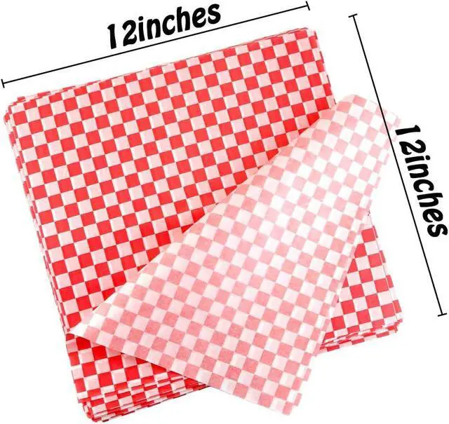 Alt view image 2 of 7 - 100 Sheets Checkered Dry Waxed Deli Paper Sheets, Paper Liners for Plastic Food Basket, Wrapping Bread and Sandwiches (Red)