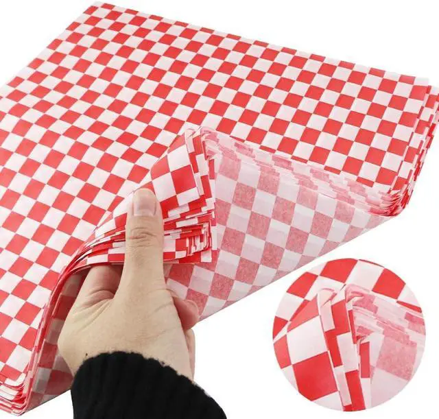 Alt view image 3 of 7 - 100 Sheets Checkered Dry Waxed Deli Paper Sheets, Paper Liners for Plastic Food Basket, Wrapping Bread and Sandwiches (Red)