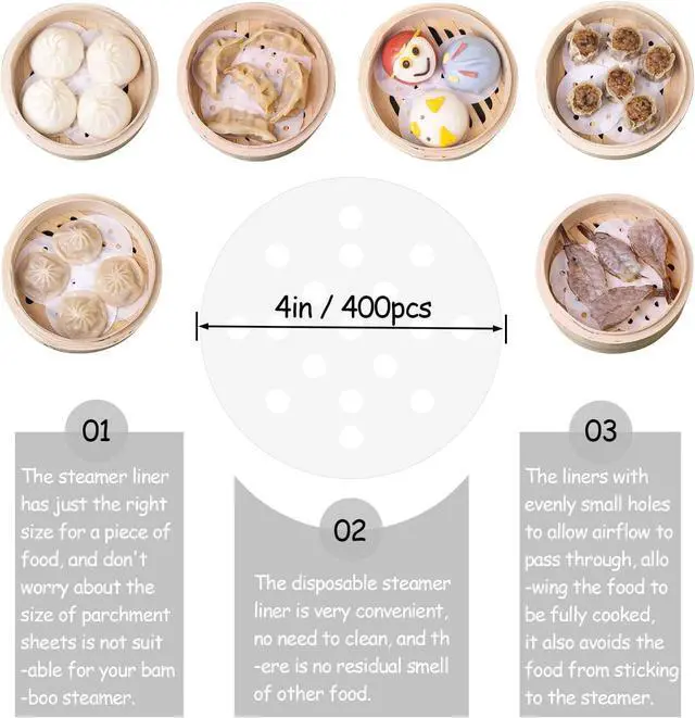Alt view image 2 of 6 - 400Pcs Small Bamboo Steamer Liners, Non-stick Mini Steam Paper for Steamed Buns Dumplings(4in)