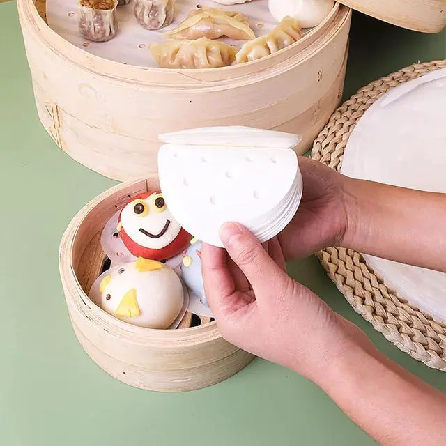 Alt view image 6 of 6 - 400Pcs Small Bamboo Steamer Liners, Non-stick Mini Steam Paper for Steamed Buns Dumplings(4in)