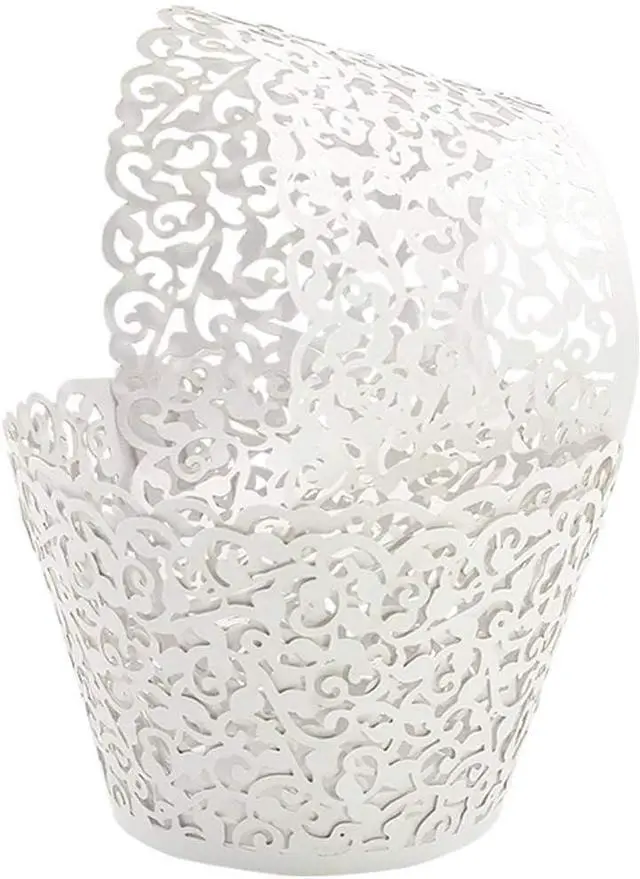 Main image of 100pcs Cupcake Wrappers Artistic Bake Cake Paper Cups Little Vine Lace Laser Cut Liner Baking Cup Muffin Case Trays for Wedding Party Birthday Decoration (White)