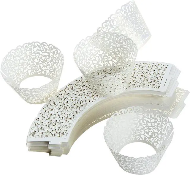 Alt view image 5 of 5 - 100pcs Cupcake Wrappers Artistic Bake Cake Paper Cups Little Vine Lace Laser Cut Liner Baking Cup Muffin Case Trays for Wedding Party Birthday Decoration (White)