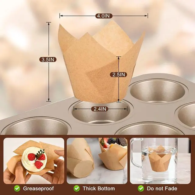 Alt view image 2 of 7 - 100pcs Extra Large Size Tulip Cupcake Liners for Baking Cups, Food Grade Parchment Paper Large Muffin Liners Holders, Greaseproof Cup cake Wrappers for Party, Christmas by Neyimqr (Natural)